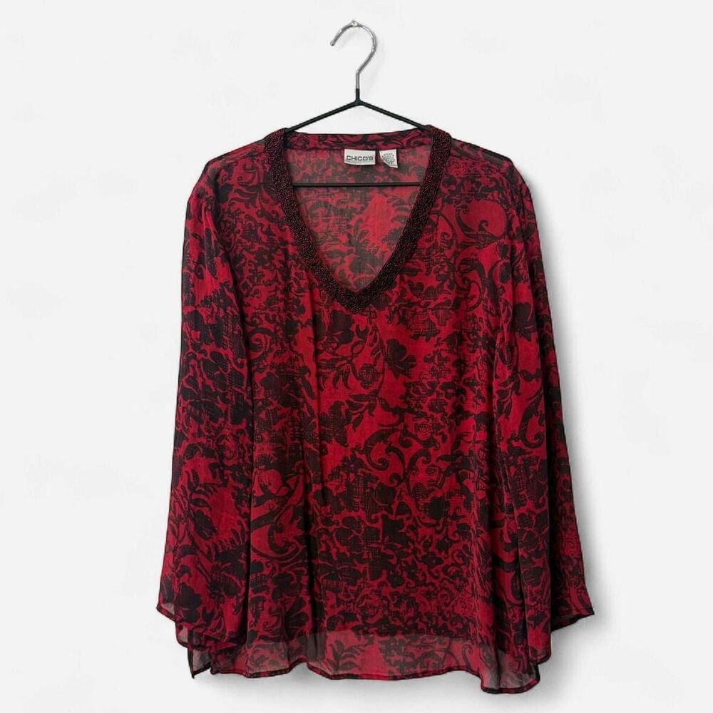 Vintage Chico's Crimson Red Silk Beaded V-Neck Blouse Whimsy Goth Large Red blk